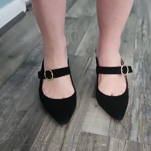 Suede Kitten Heel Black Women's Shoes with Gold Buckle